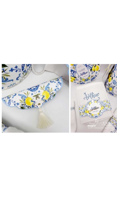 Trusou botez mediteranean inspiratie italia Capri Sorrento cu lamai si faianta alb cu albastru Italian Boy 26